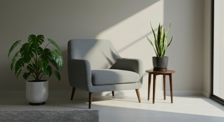 Modern minimalist interior with plants and armchair