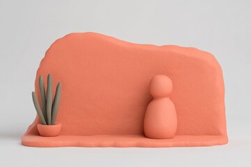 Minimalist coral-colored display, featuring a small plant and a figurine, against a plain white background
