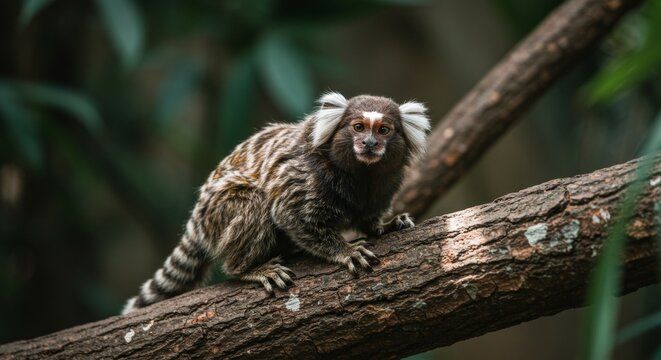 Captivating marmoset perched delicately on a weathered branch in rainforest