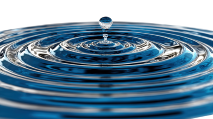 Blue water drop splash, a clear droplet creating ripples on the liquid surface