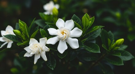 Obraz premium Close-Up of Blooming Gardenia Flowers with Dark Green Foliage Background