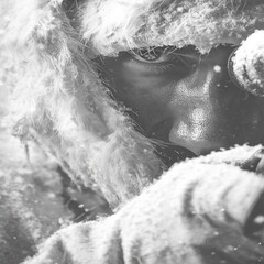 Intense portrait of a face peering through snow and fur, conveying resilience in a harsh environment, rendered in stark monochrome.