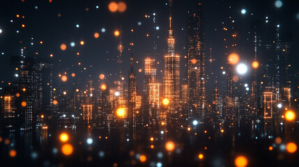 Fototapeta premium Illuminated Metropolis: A futuristic cityscape glows with dynamic networks of data transfer, symbolized by bright particles against the dark background, in this cutting-edge digital art piece.