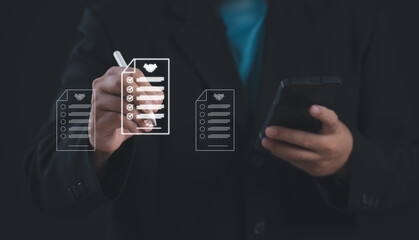 Digital contract agreement and business approval concept. Businessman selects documents with check...