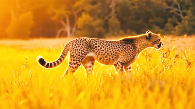 Cheetah Walking Through Golden Grasslands at Sunset