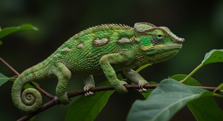 Fototapeta premium Vibrant green chameleon lounges serenely amidst verdant foliage on woody branch