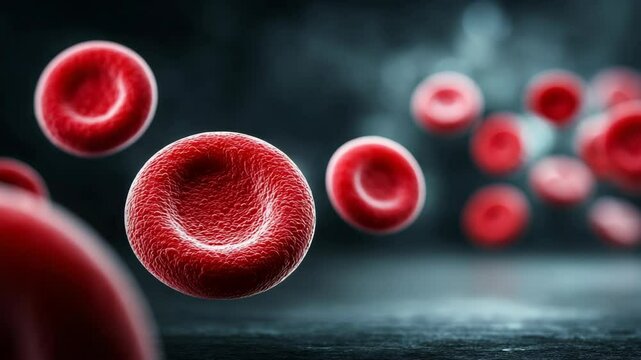 Clusters of circulating red blood cells floating in a dark, fluid environment under magnified view for scientific research