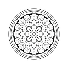 Floral mandala design with leaves and geometric shapes black and white outline intricate vector art illustration
