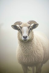 Fototapeta premium Sheep Standing in Fog Outdoor Farm Animal Portrait