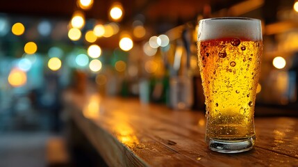 Refreshing beer on a wooden bar with blurred lights offers a cool beverage. Perfect for a relaxed night. Drink and be happy!