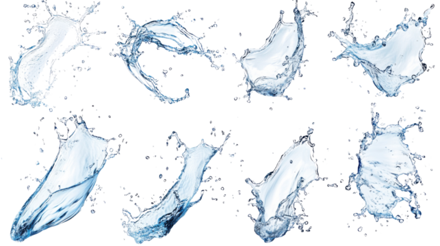 Collection set of blue water splashing on white background