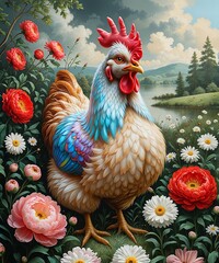 Chicken on the grass among lush flowers, vintage landscape.