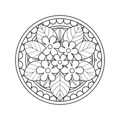Black and white floral mandala illustration with detailed leaf and flower design for coloring books