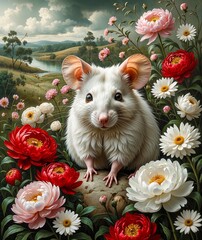 Hamster on the grass among lush flowers, vintage landscape.