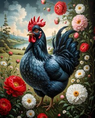 Black rooster on the grass among lush flowers, vintage landscape.