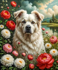dog on the grass among lush flowers, vintage landscape.