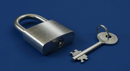 Padlock and key on blue background