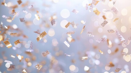 Falling golden and purple abstract glitter confetti sparkling, generating vibrant glamour party mood with festive festiveness bokeh background shimmer