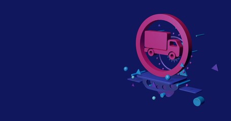 Pink truck traffic sign on a pedestal of abstract geometric shapes floating in the air. Abstract concept art with flying shapes on the right. 3d illustration on indigo background