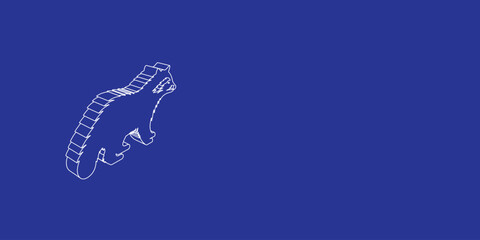 The outline of a large raccoon symbol made of white lines on the left. 3D view of the object in perspective. Vector illustration on indigo background