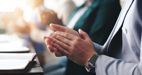 Business, hands and people with applause in conference for company achievement, global expo support or success. Closeup, employees and clapping for career development, audience approval and good news