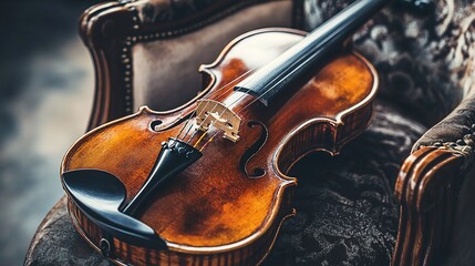 Obraz premium Vintage violin resting on an antique armchair