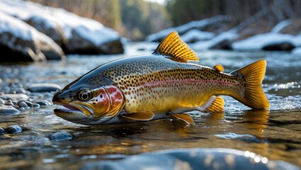 Golden brown trout gleams in clear stream