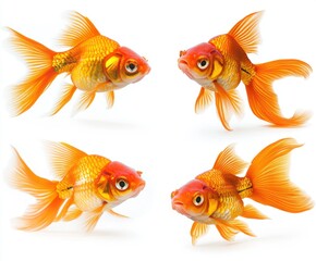 Fototapeta premium Four goldfish, two with orange and yellow scales and two with red and yellow scales, on a white background