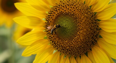 Naklejka premium Close-up capture showcasing vibrant yellow sunflower with busy bee pollinating its bloom