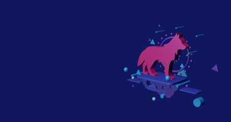 Naklejka premium Pink wolf symbol on a pedestal of abstract geometric shapes floating in the air. Abstract concept art with flying shapes on the right. 3d illustration on indigo background