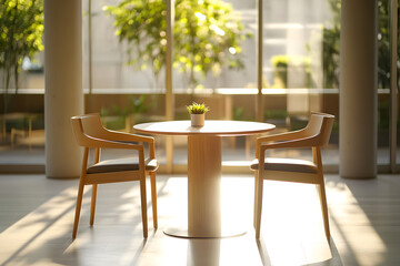 Fototapeta premium Aesthetic table and chairs setup for a serene ambiance with sunlight and greenery Cozy bright and inviting.