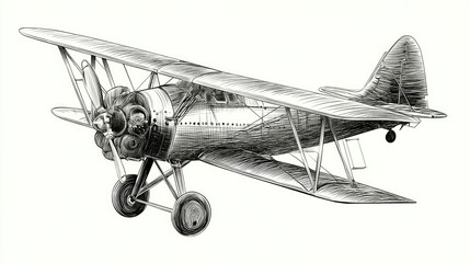 Vintage Aircraft Sketch: An artist's rendering showcases a classic biplane in exquisite detail, perfect for aviation enthusiasts, historical projects, or vintage design themes.