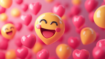 "Radiant heart icons in a 3D space form a dynamic backdrop, perfect for representing likes, shares, and virtual love."