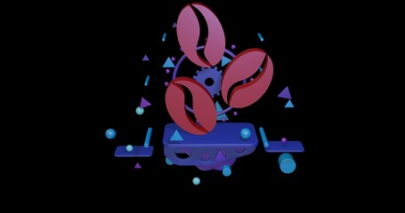 Fototapeta premium Red coffee beans symbol on a pedestal of abstract geometric shapes floating in the air. Abstract concept art with flying shapes in the center. 3d illustration on black background