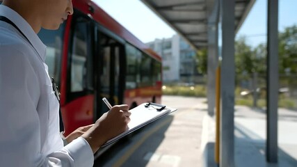 Abus driver checking route schedule in sunny depot - Powered by Adobe