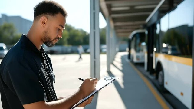 Abus driver checking route schedule in sunny afternoon depot