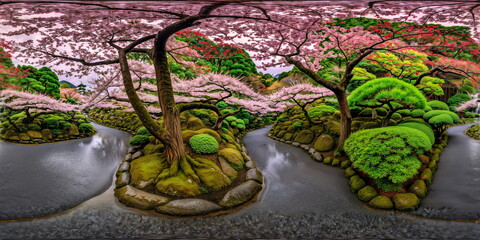 Traditional Japanese gardens, Sakura tree. Full 360 degrees seamless spherical panorama HDRI equirectangular projection. Texture environment map for lighting, reflection source rendering 3d scenes