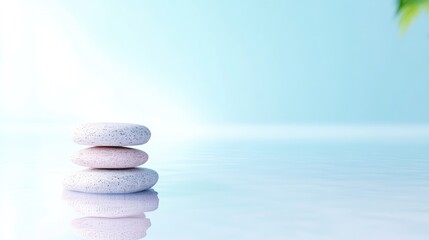 Stacked Stones Minimalist Serenity, Soft Lighting, High-Resolution, Centered Close-up, Textured Surfaces, Balanced Meditation, Water Reflection, Pastel Blue Hues, Perfect for Spa Branding
