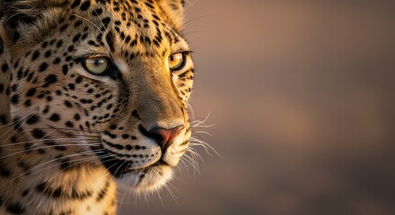 Obraz premium Intimate Leopard Portrait Showcasing Captivating Gaze in Warm Sunlight
