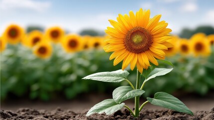 Blooming sunflower in vibrant field nature sunny day close-up view symbol growth joy