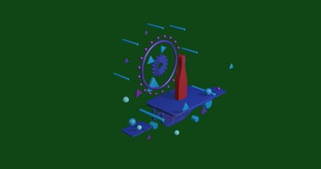 Obraz premium Red champagne symbol on a pedestal of abstract geometric shapes floating in the air. Abstract concept art with flying shapes in the center. 3d illustration on green background