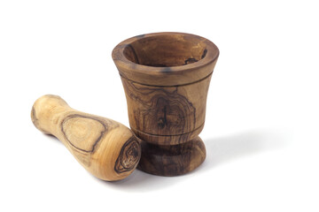 Wooden mortar and pestle isolated on white background