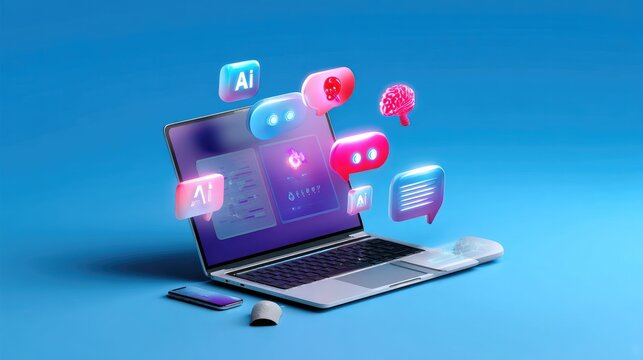 AI-Powered Communication: A stylized rendering of a laptop computer, enveloped by conversational thought bubbles, conveying the concept of digital communication powered by artificial intelligence.