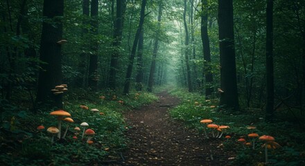 Fototapeta premium Misty forest path, mushrooms