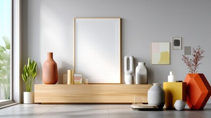 Obraz premium Modern Interior Mockup: Stylish living room with wooden console, vases, artwork, and a large blank frame perfect for showcasing design projects. 