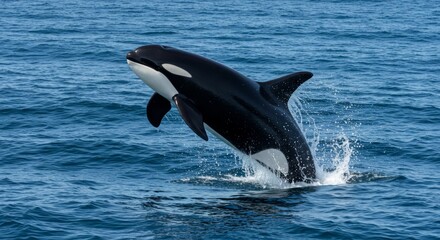 Fototapeta premium Spectacular orca leaps from the deep blue ocean in a breathtaking display of marine life