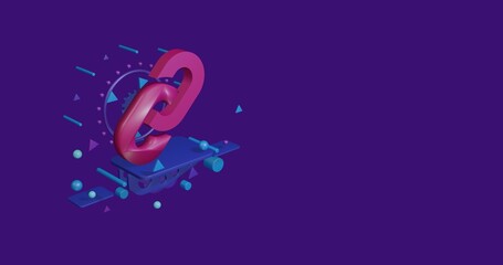 Pink chain symbol on a pedestal of abstract geometric shapes floating in the air. Abstract concept art with flying shapes on the left. 3d illustration on deep purple background