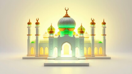 Illustrative Mosque Architecture with Glowing Domes and Crescent Moon
