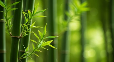 Lush Bamboo Forest Canopy with Vibrant Green Foliage and Stalks