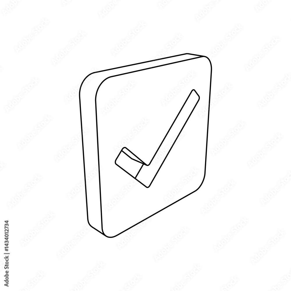 Poster the outline of a large checkbox symbol is made with black lines. 3d view of the object in perspectiv